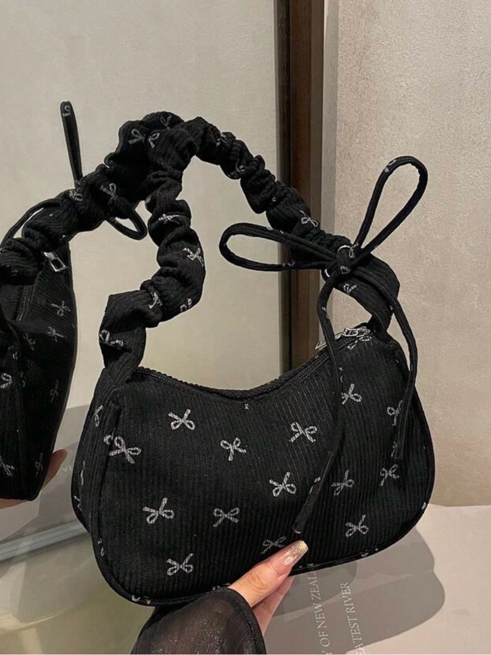 Black Mini Ruched Handle Bag with Embroidered Bows